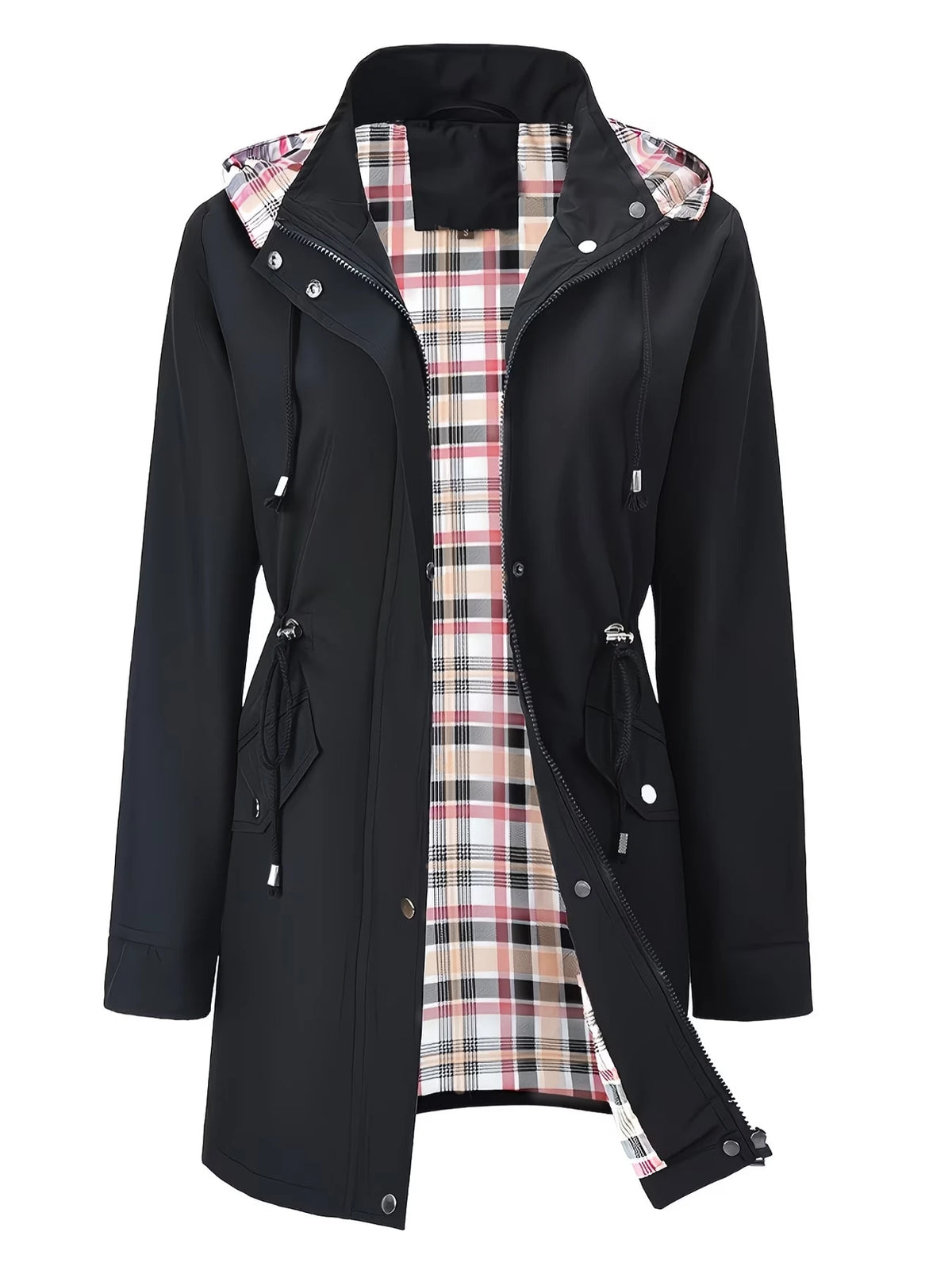 Trench de Poliéster para Mujer con Capucha Ajustable y Forro de Cuadros