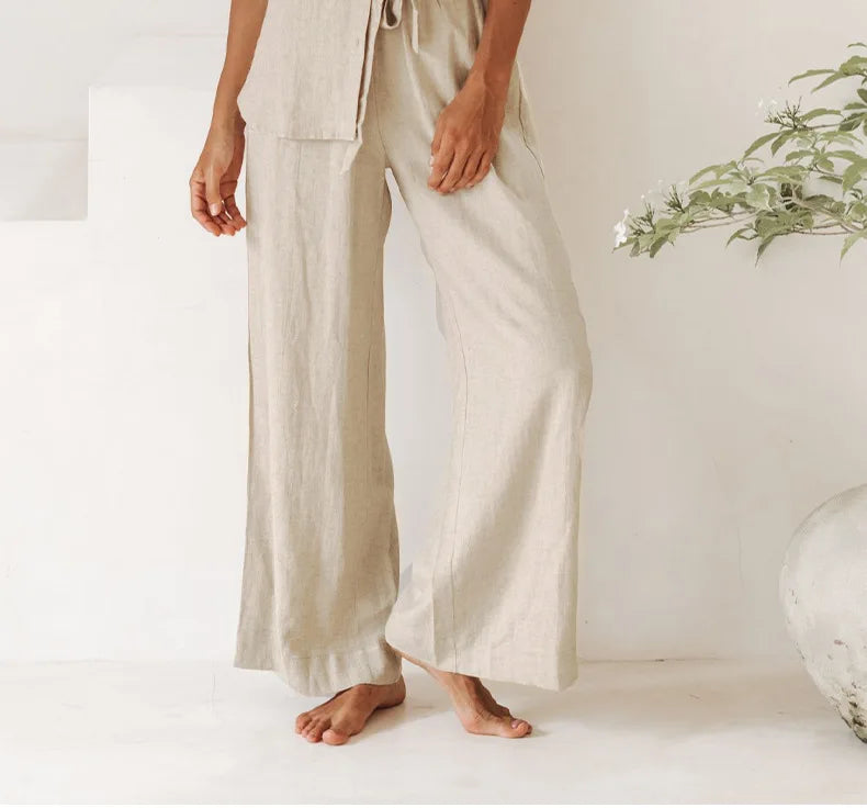 Pantalones de Lino para Mujer de Pierna Ancha con Cintura Elástica y Lazo