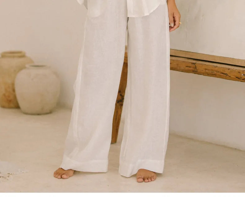 Pantalones de Lino para Mujer de Pierna Ancha con Cintura Elástica y Lazo