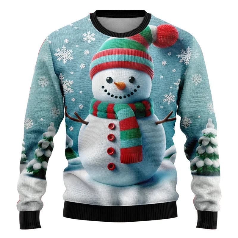 Jersey Unisex de Cuello Redondo con Gráficos 3D de Muñeco de Nieve y Manga Larga