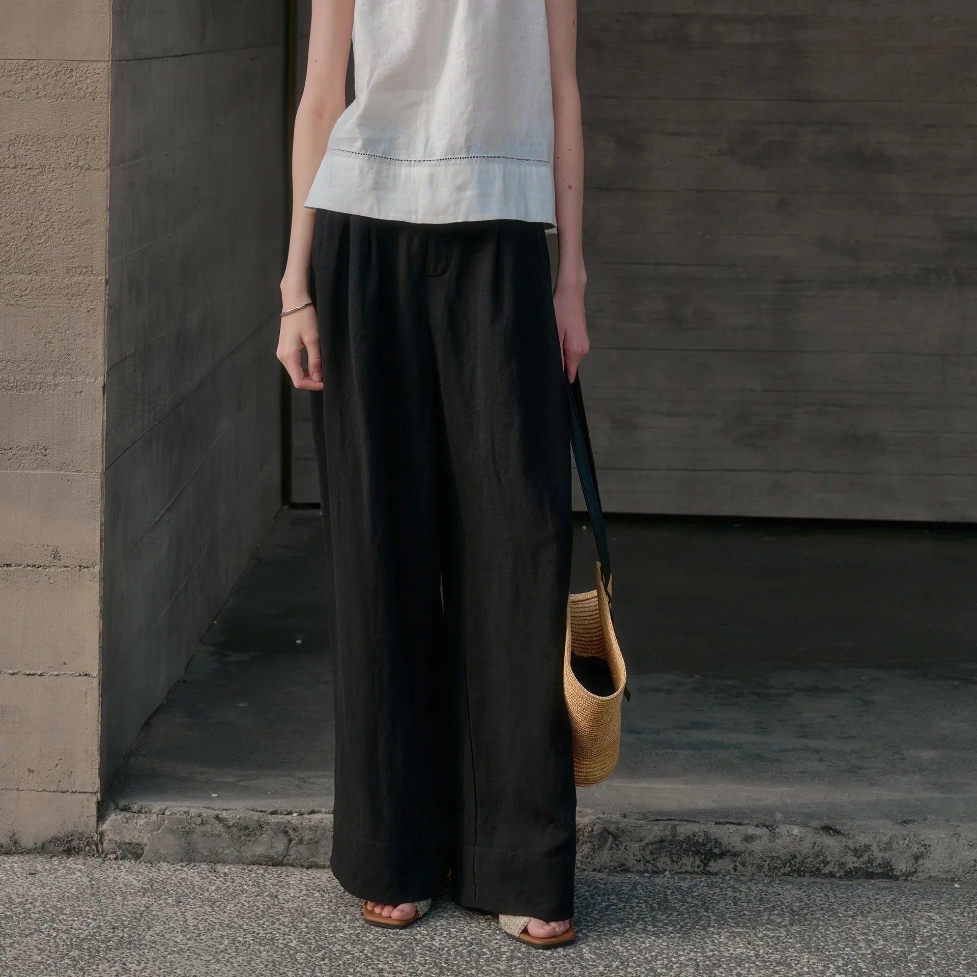 Pantalones de Lino de Pierna Ancha con Cintura Alta y Elástica para Mujer