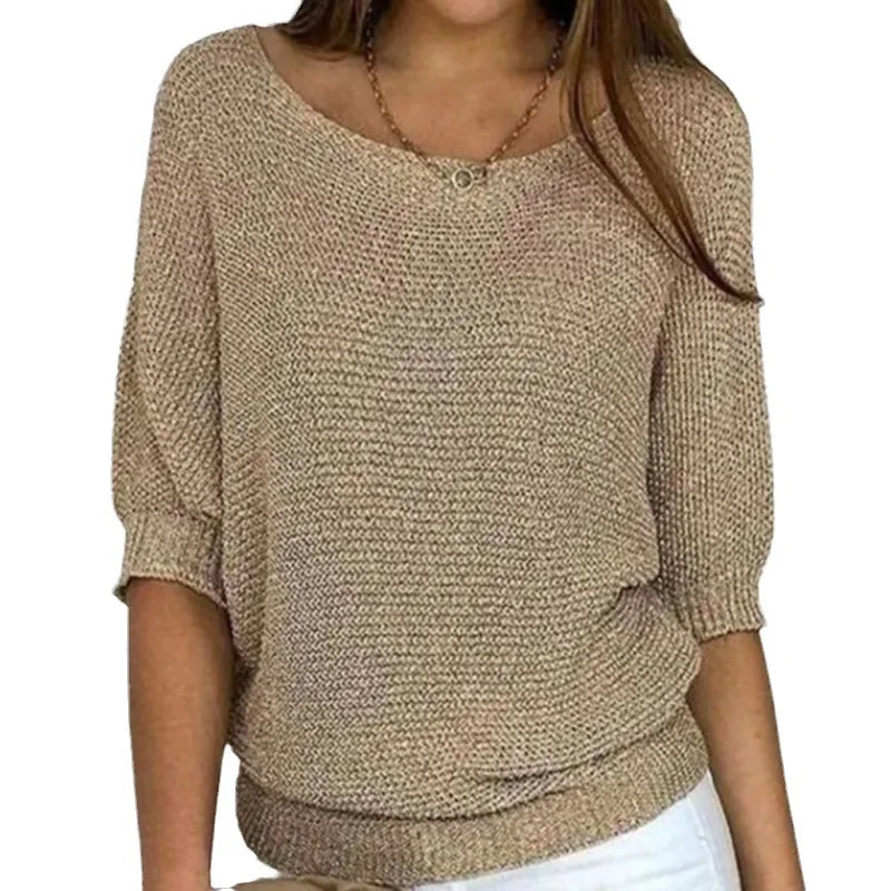 Jersey de punto para mujer con cuello redondo y manga francesa tres cuartos