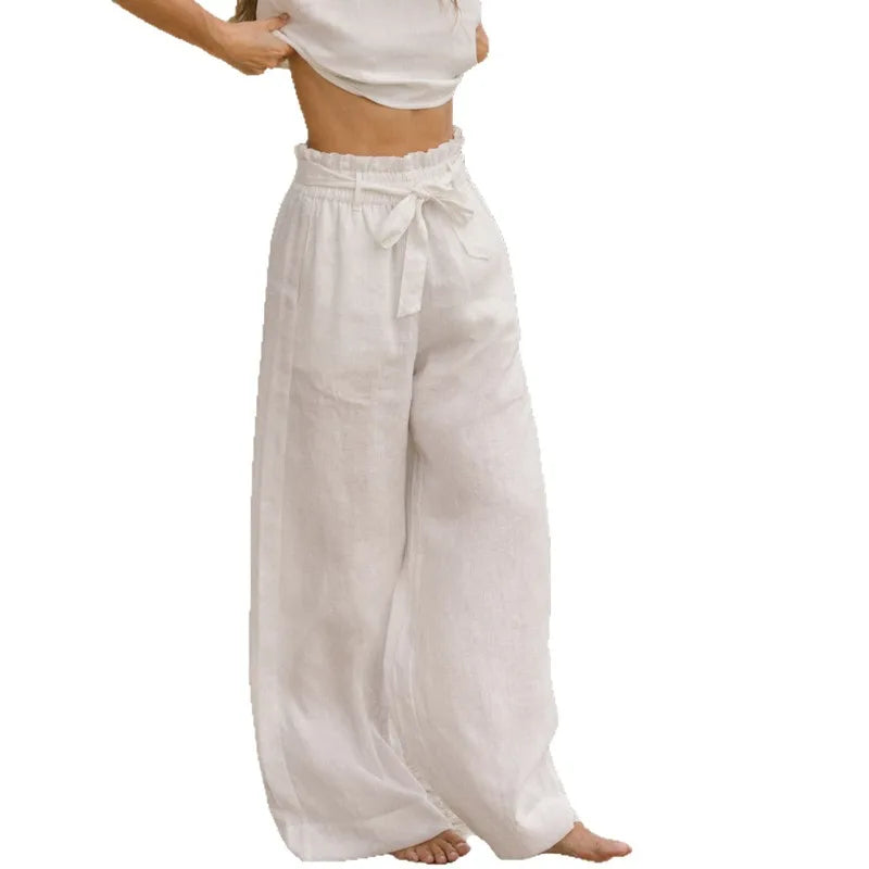 Pantalones de Lino para Mujer de Pierna Ancha con Cintura Elástica y Lazo