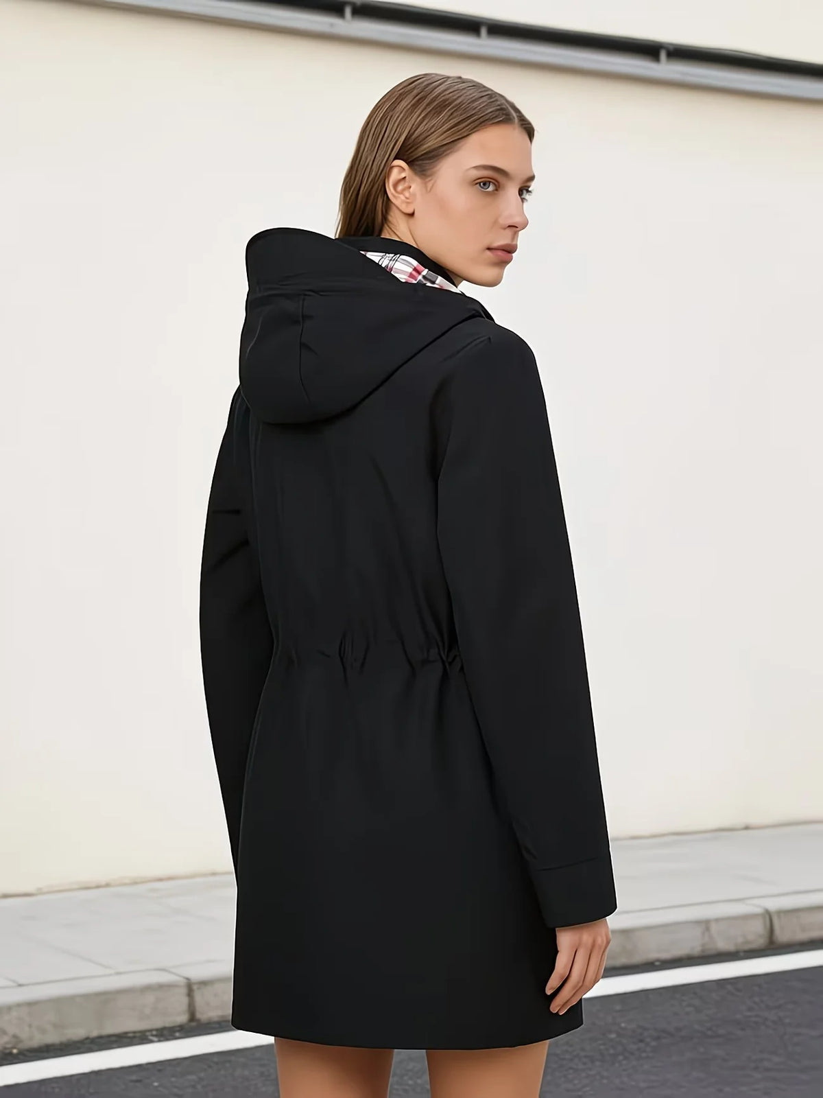 Trench de Poliéster para Mujer con Capucha Ajustable y Forro de Cuadros