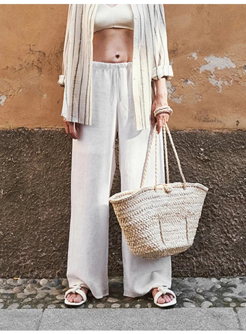 Pantalones de Playa para Mujer de Pierna Ancha en Mezcla de Lino y Algodón