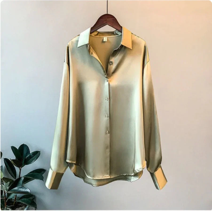Camisa de satén para mujer de manga larga con botones y cuello de solapa elegante