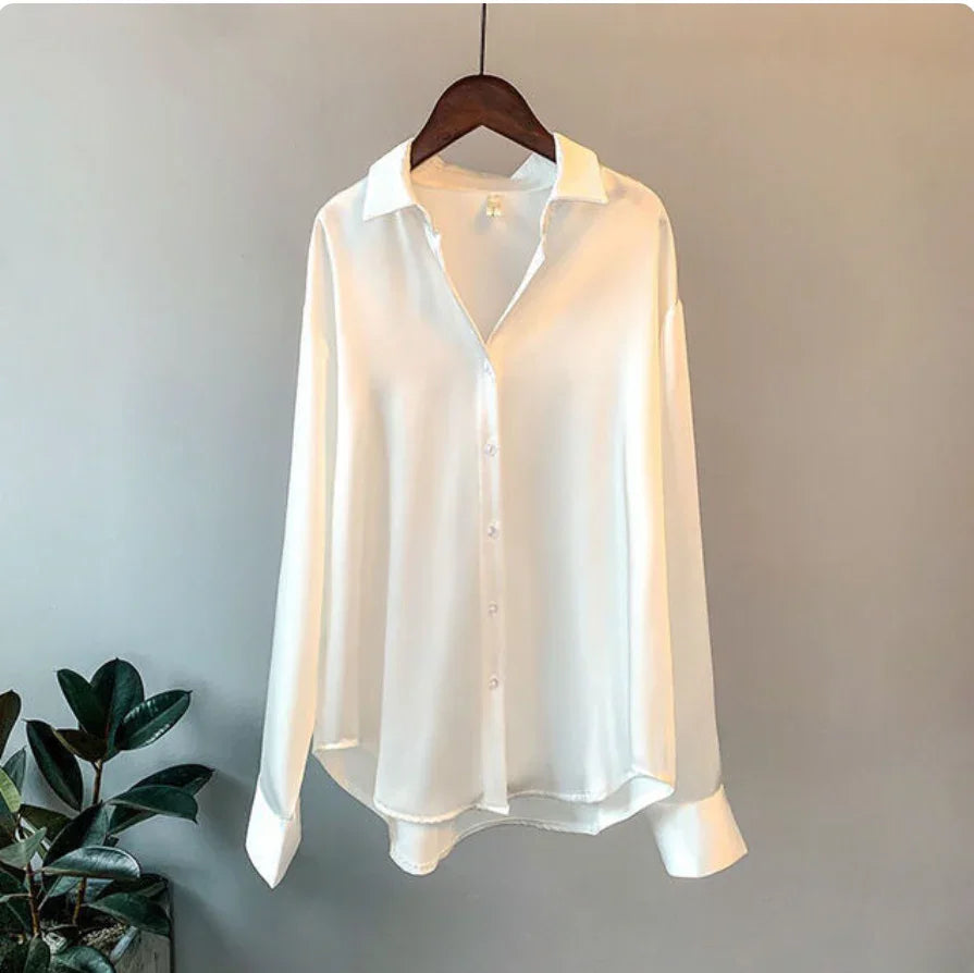 Camisa de satén para mujer de manga larga con botones y cuello de solapa elegante