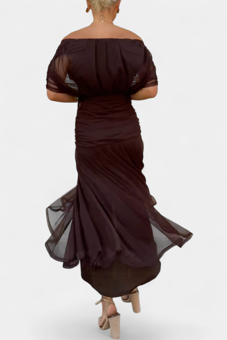 Vestido largo mujer — escote en V y cuerpo fruncido — boda