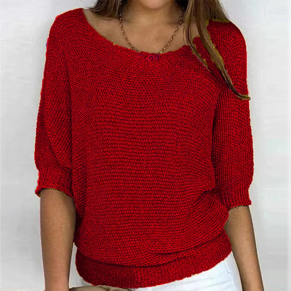 Jersey de punto para mujer con cuello redondo y manga francesa tres cuartos
