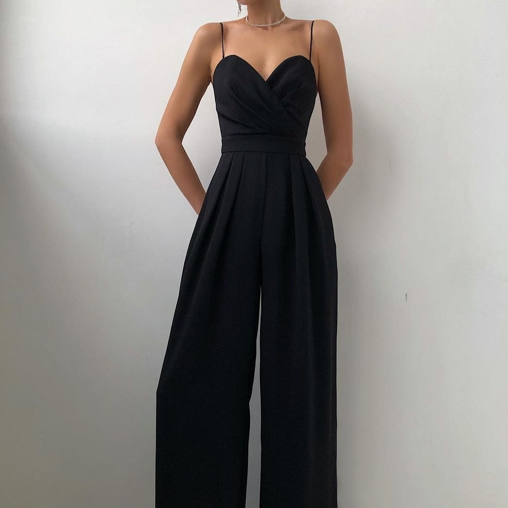 Mono Largo de Poliéster con Cuello en V y Pantalón de Pata Ancha para Mujer