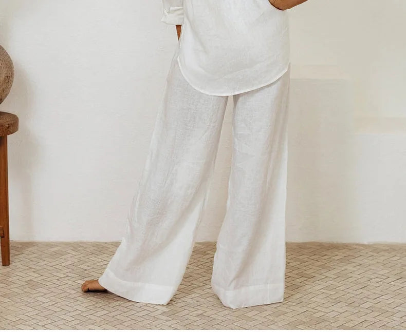 Pantalones de Lino para Mujer de Pierna Ancha con Cintura Elástica y Lazo