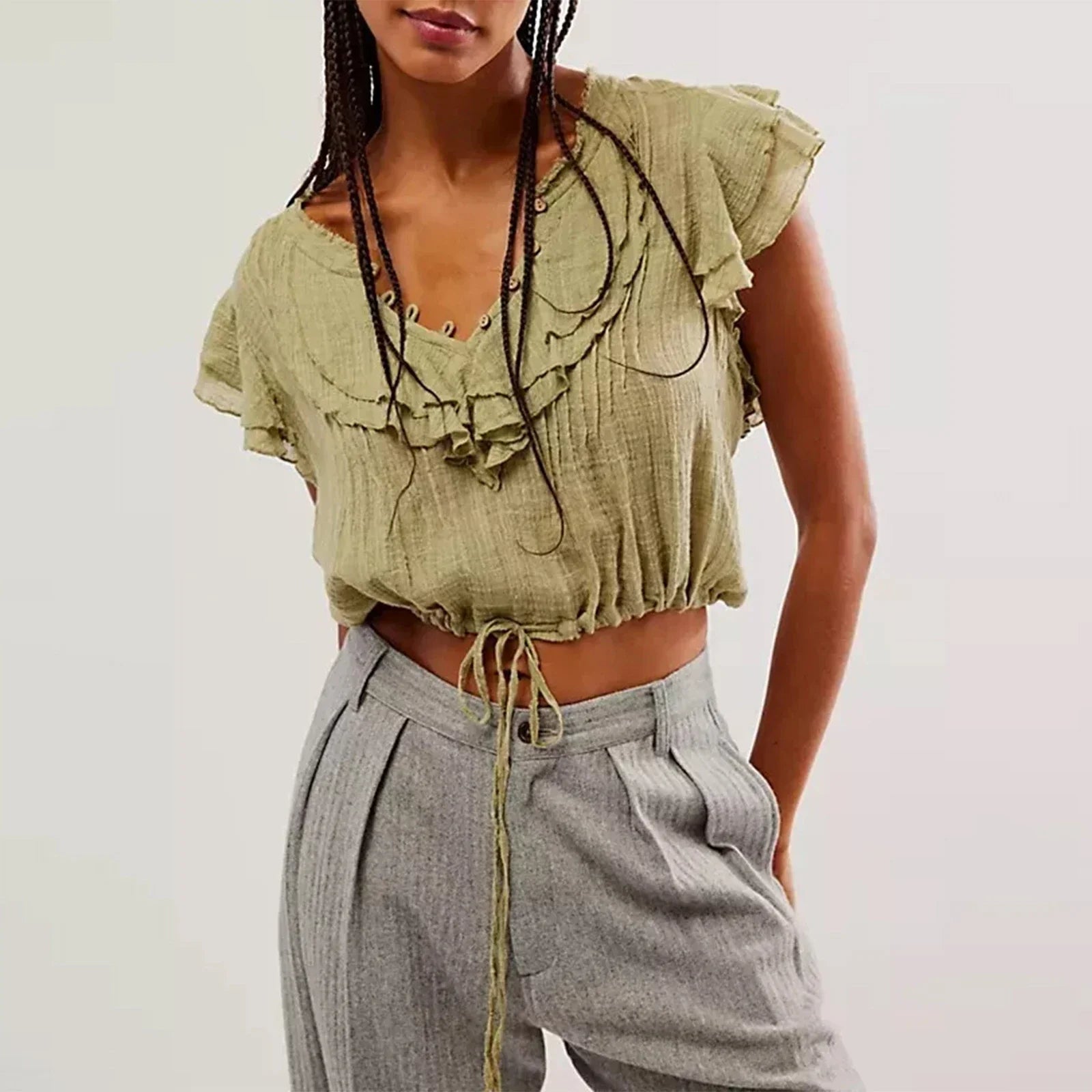 Γυναικείο crop top από βαμβακερό γάζα με βολάν — casual