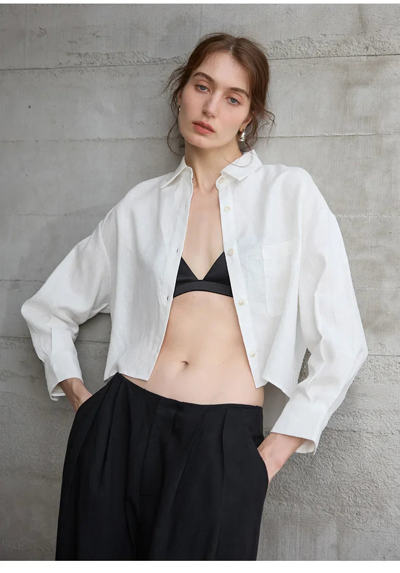 Short Linen Shirt for Women with Oversize Cut, V-Neck, and Buttons