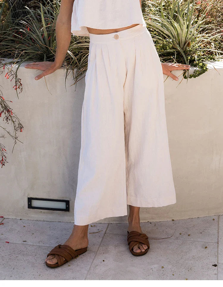 Culottes de Lino para Mujer con Talle Alto y Pliegues Frontales