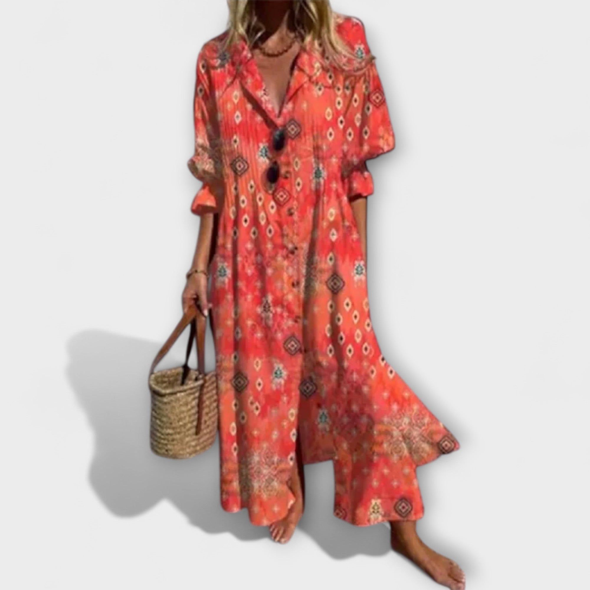 Vestido Camisero Largo para Mujer con Estampado de Hojas y Manga Abullonada