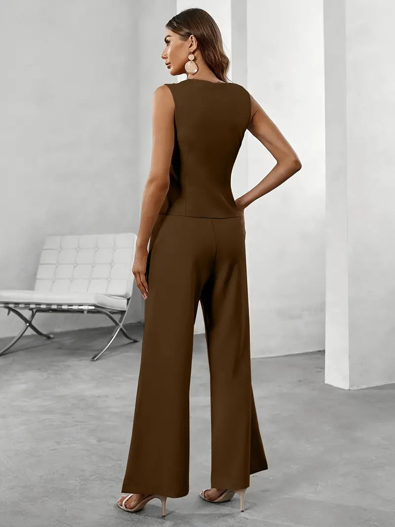 Conjunto de Dos Piezas para Mujer con Chaleco de Algodón y Pantalón Largo de Pata Ancha