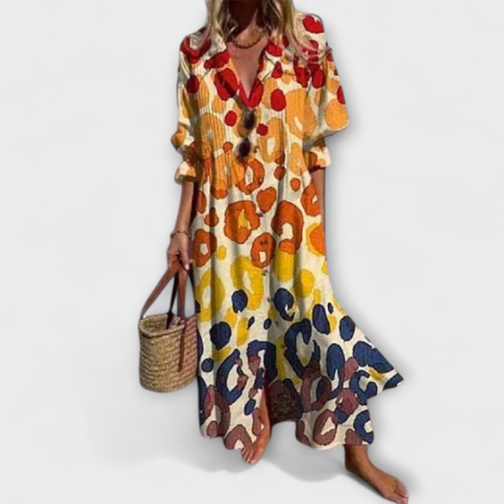 Vestido Camisero Largo para Mujer con Estampado de Hojas y Manga Abullonada