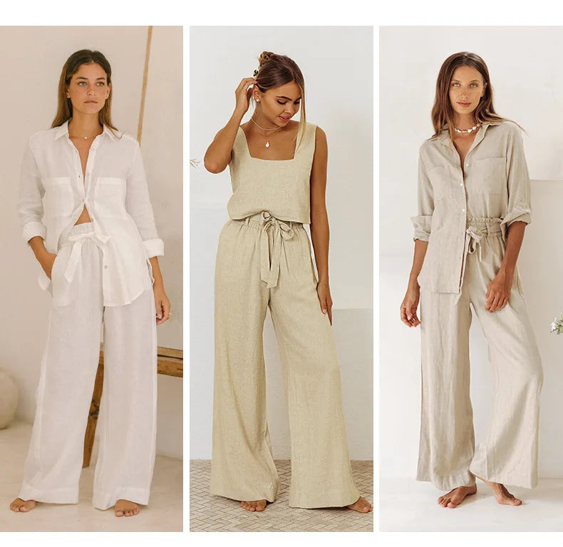 Pantalones de Lino para Mujer de Pierna Ancha con Cintura Elástica y Lazo
