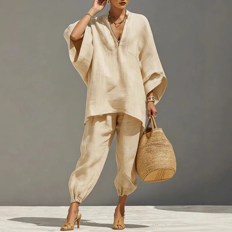 Conjunto de dos piezas para mujer - top con mangas murciélago — diseño casual