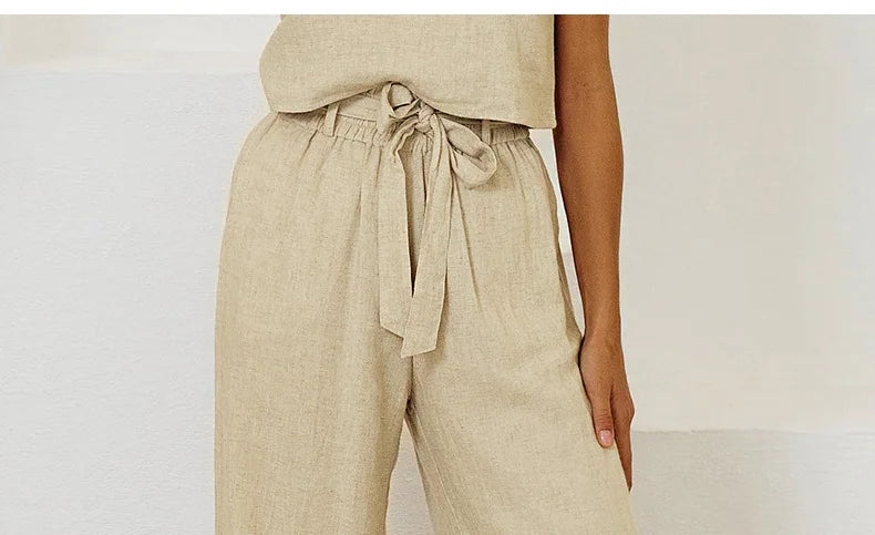Pantalones de Lino para Mujer de Pierna Ancha con Cintura Elástica y Lazo