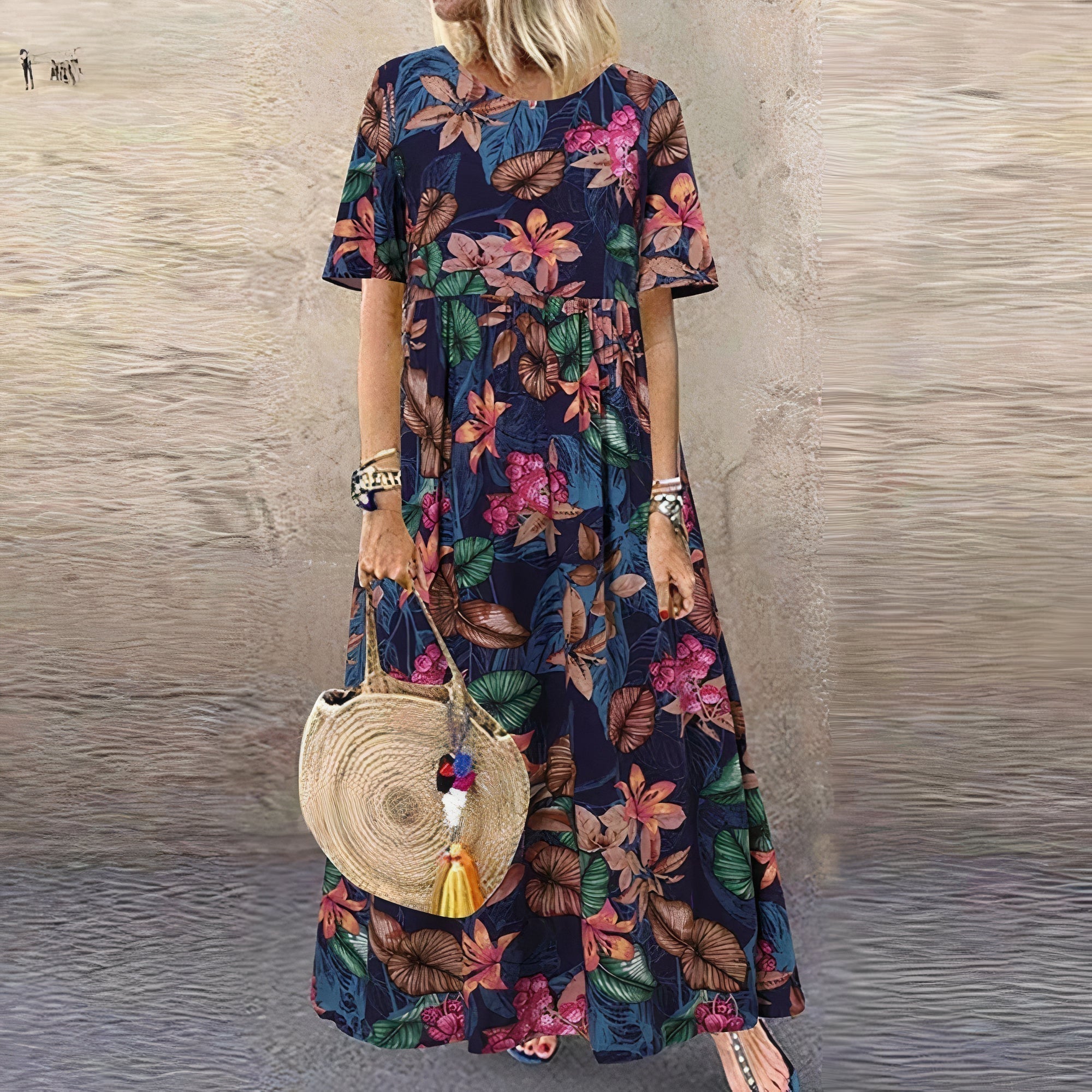 Vestido Largo de Cuello Redondo con Estampado Floral Vibrante para Mujer