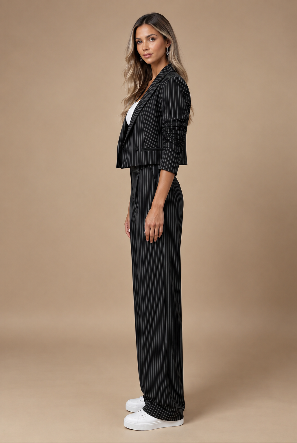 Two-Piece Pinstripe Suit, Cropped Blazer and Wide-Leg Pants