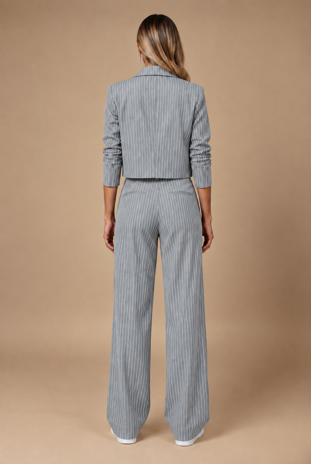 Two-Piece Pinstripe Suit, Cropped Blazer and Wide-Leg Pants