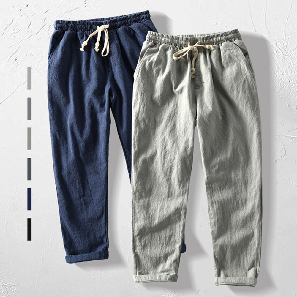Pantalones de Lino para Hombre de Corte Recto con Cintura Elástica y Cordón Ajustable
