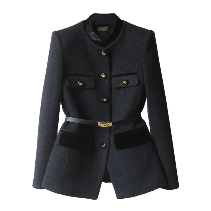 Structured Blazer-Style Jacket with Belt and Gold Buttons for Women
