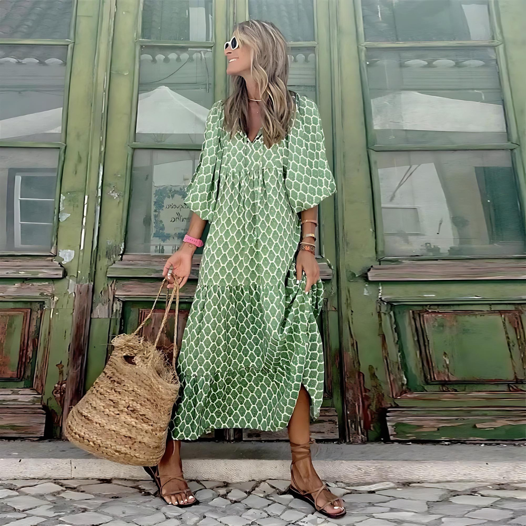 Vestido Largo Bohemio con Estampado Geométrico y Cuello en V para Mujer