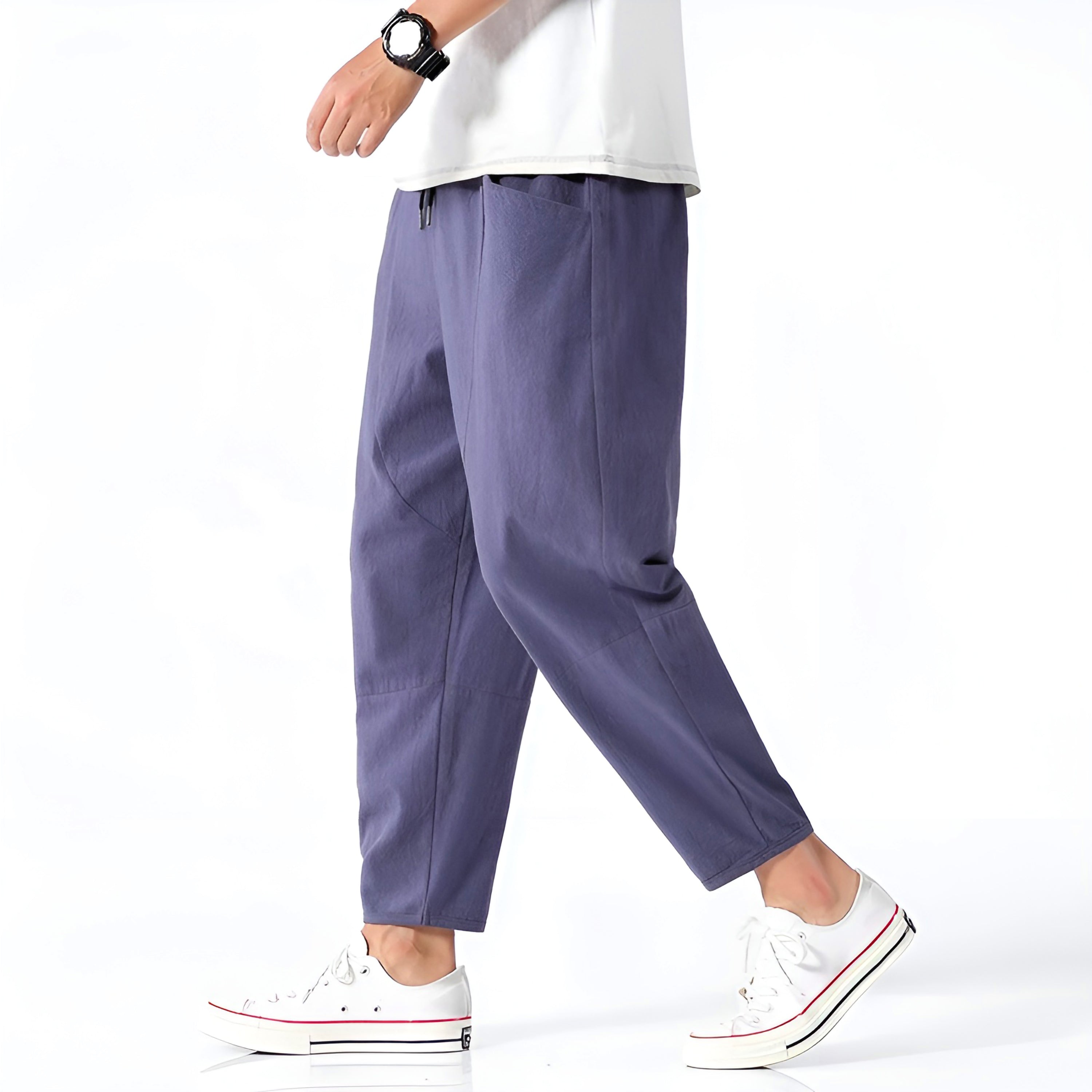 Pantalones Capri de Algodón y Lino para Hombre con Cintura de Cordón Ajustable