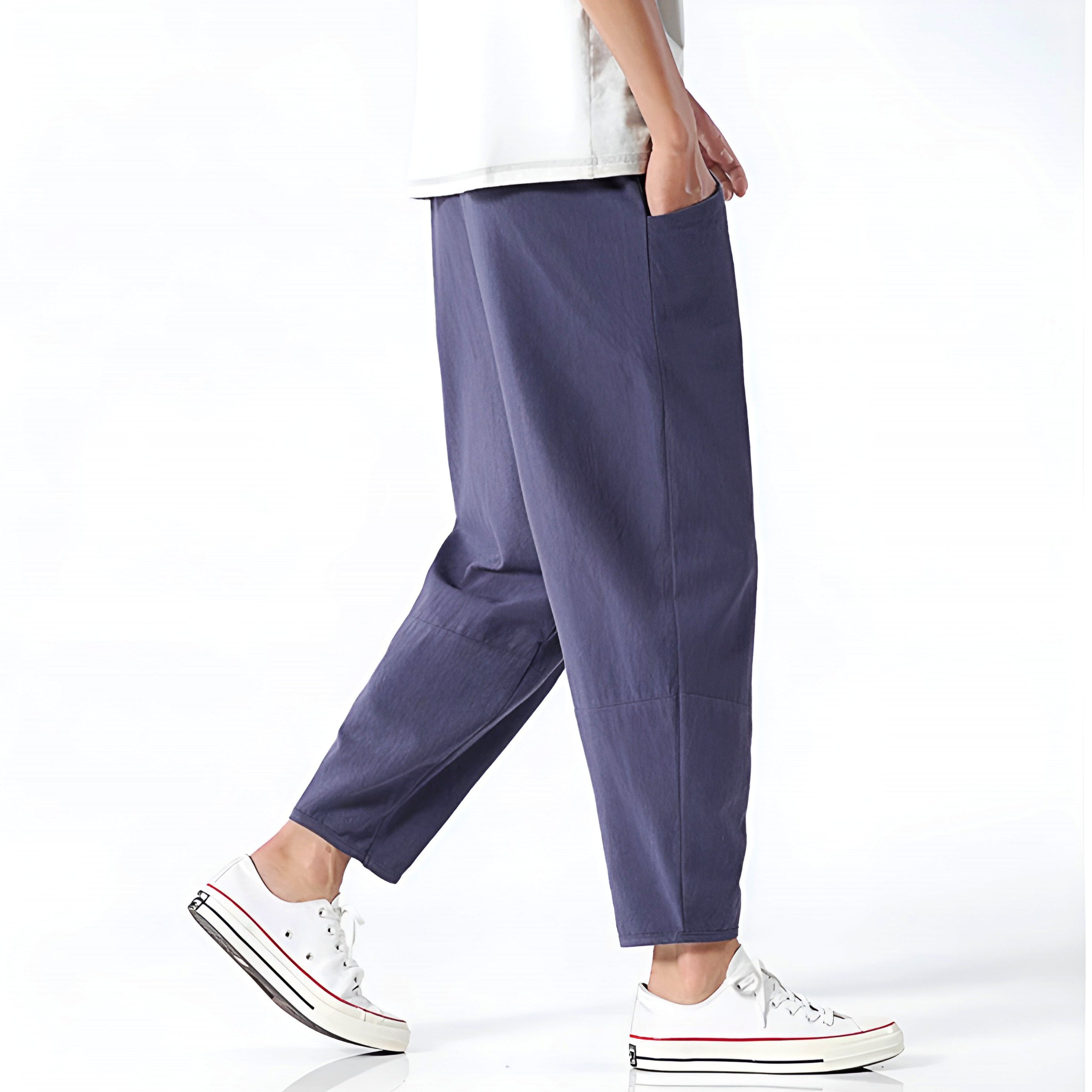 Pantalones Capri de Algodón y Lino para Hombre con Cintura de Cordón Ajustable