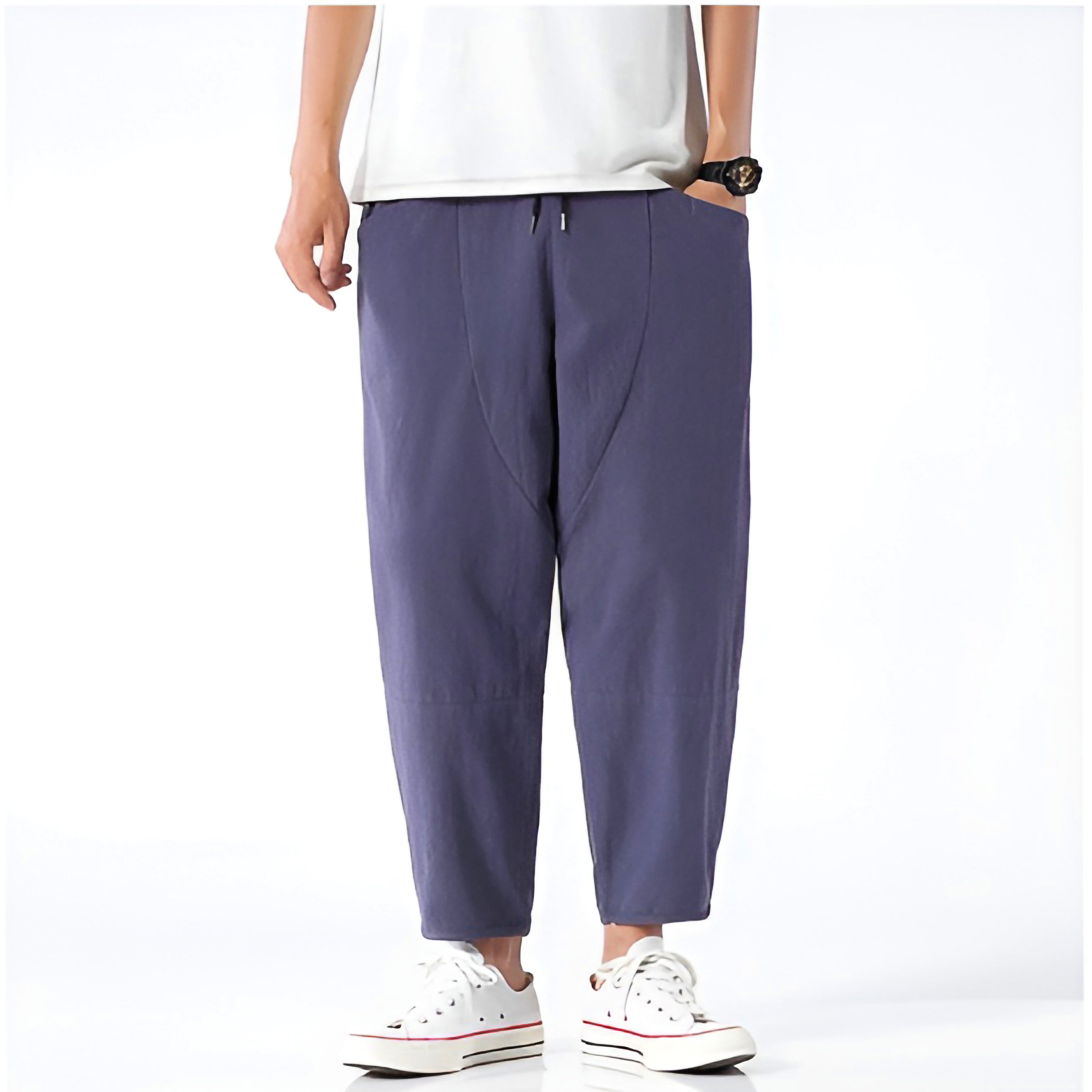 Pantalones Capri de Algodón y Lino para Hombre con Cintura de Cordón Ajustable