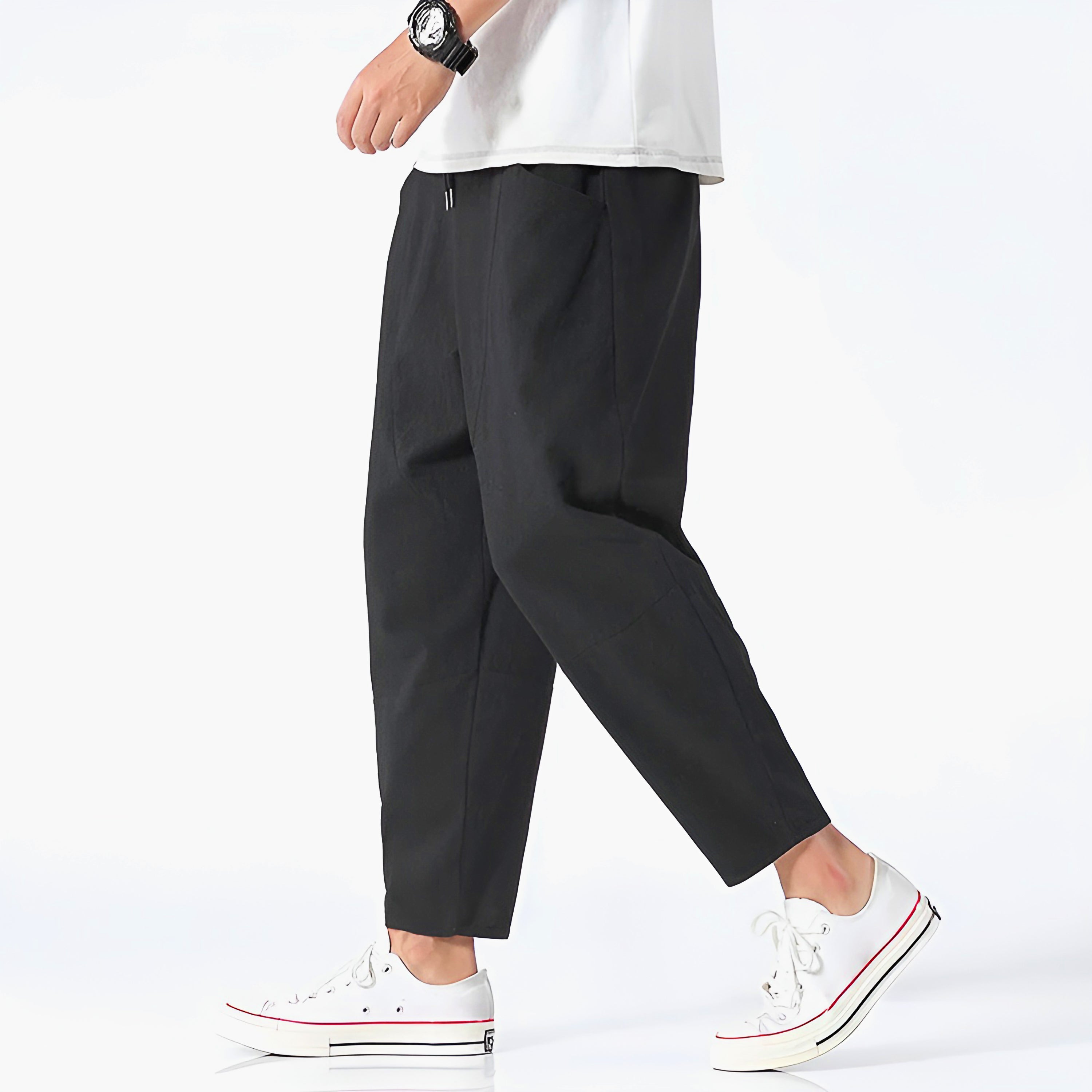 Pantalones Capri de Algodón y Lino para Hombre con Cintura de Cordón Ajustable