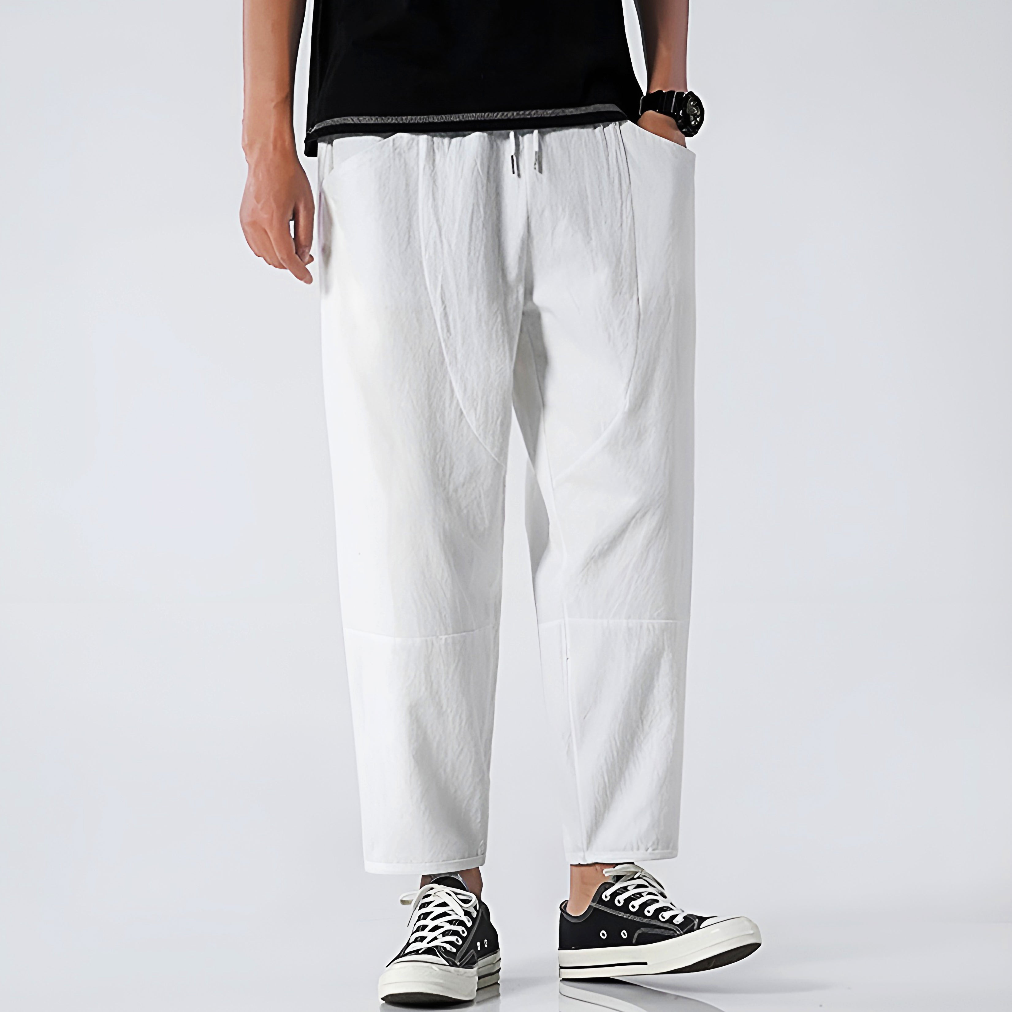 Pantalones Capri de Algodón y Lino para Hombre con Cintura de Cordón Ajustable