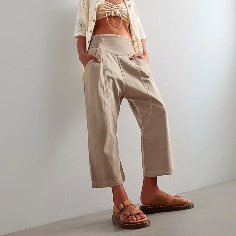 Pantalones de Talle Alto con Pernera Recta y Bolsillos Laterales de Mezcla de Algodón