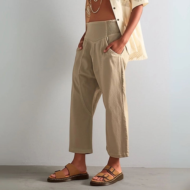 Pantalones de Talle Alto con Pernera Recta y Bolsillos Laterales de Mezcla de Algodón