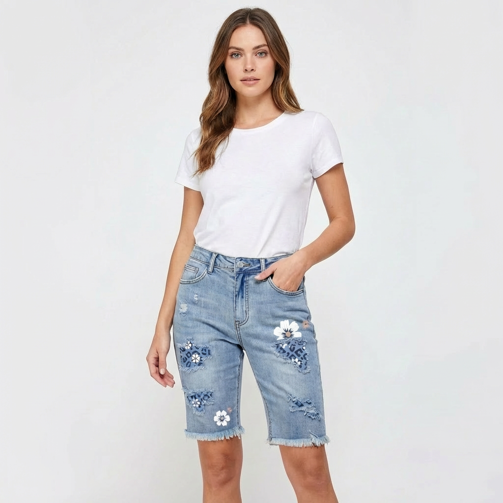 Bermudas Vaqueras de Mujer con Estampado Floral y Bajos Deshilachados