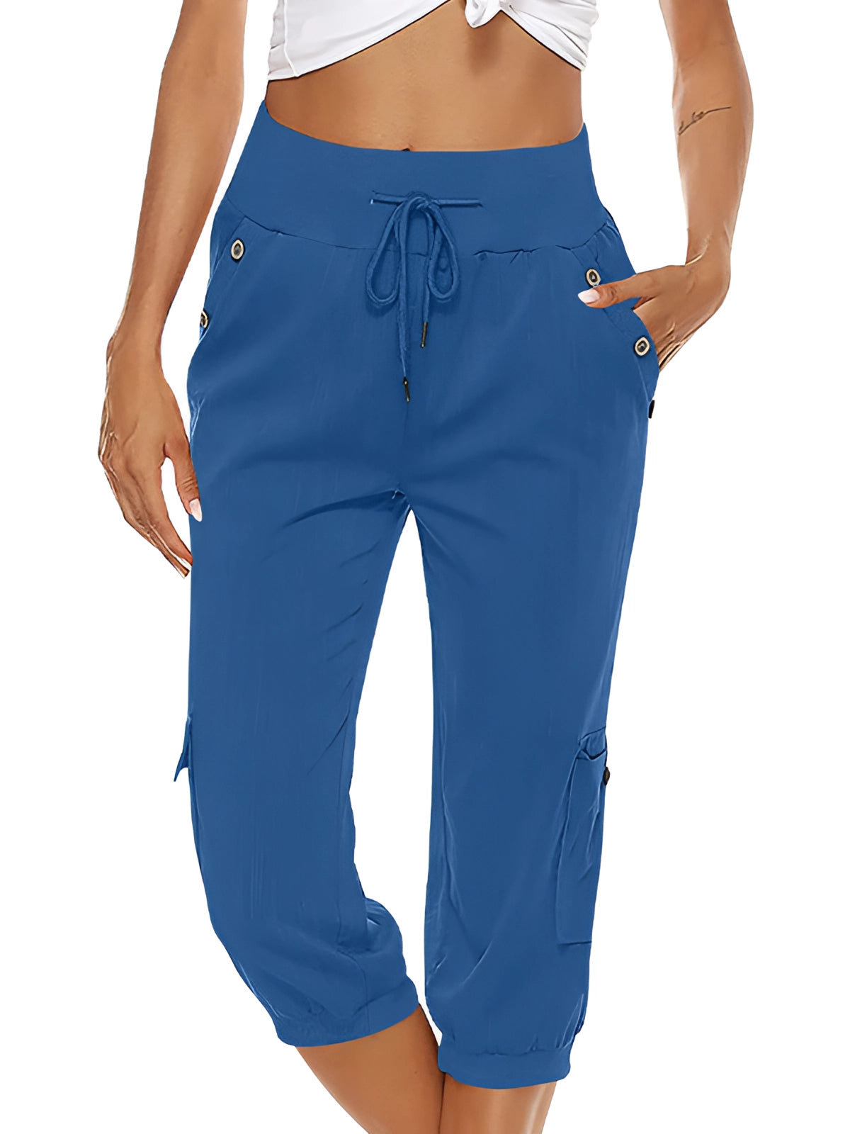 Pantalon Capri pour Femme avec Taille Élastique et Poches Plaquées