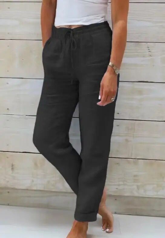 Pantalones de Lino y Algodón con Cintura Elástica y Cordón para Mujer