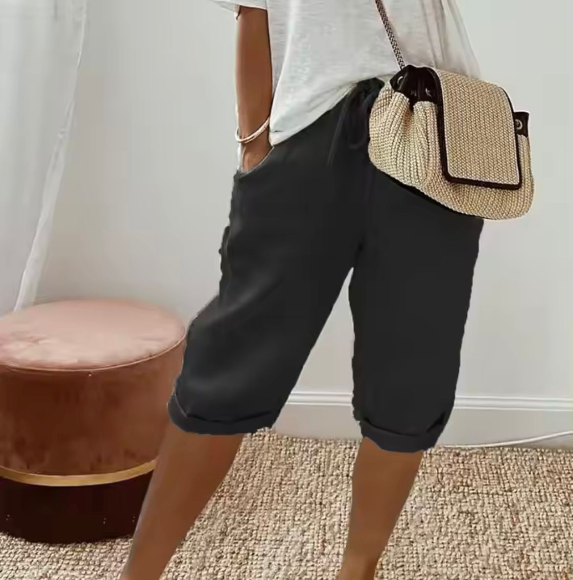 Pantalones Cortos de Lino y Algodón con Cintura Elástica y Bolsillos para Mujer