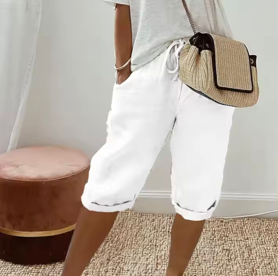 Pantalones Cortos de Lino y Algodón con Cintura Elástica y Bolsillos para Mujer