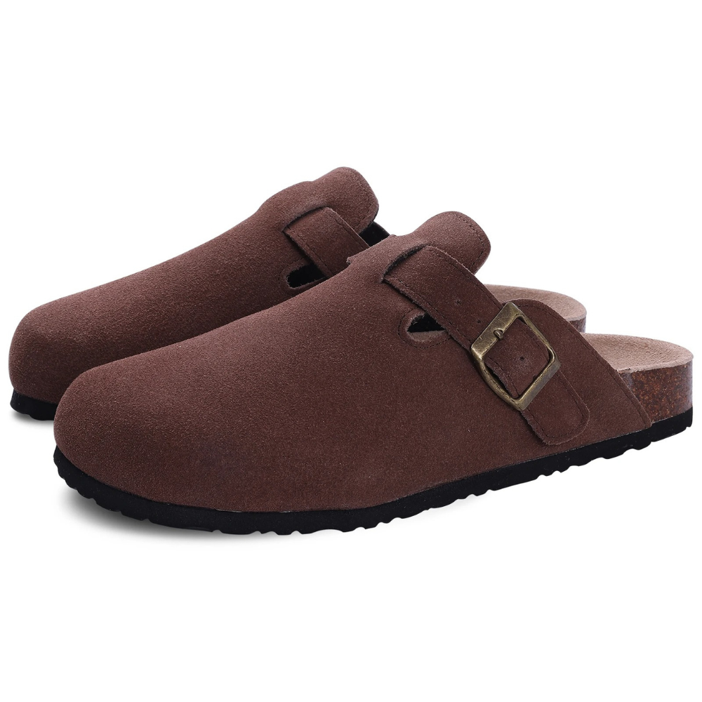 Sabots en daim avec semelle en liège et boucle ajustable pour femme