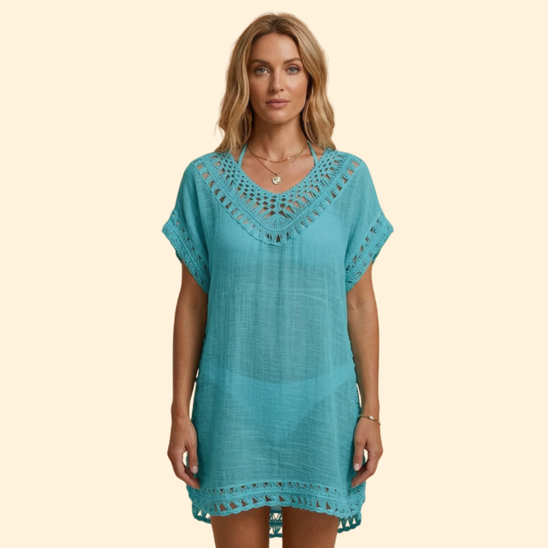Vestido de Playa con Escote en V y Detalles de Ganchillo para Mujer