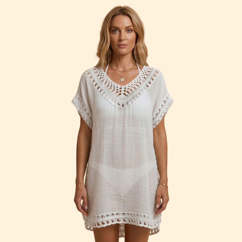 Vestido de Playa con Escote en V y Detalles de Ganchillo para Mujer