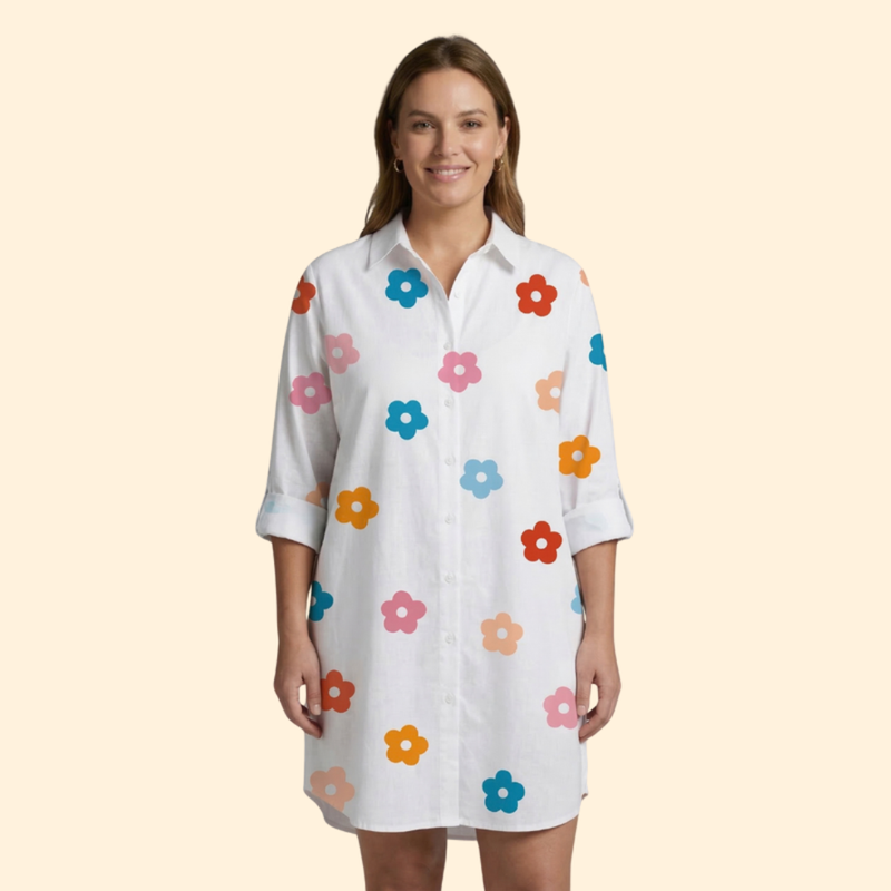 Vestido Camisero de Playa con Estampado y Manga Larga Beach Cover Up para Mujer