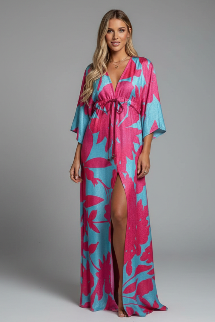 Long dress for women - maxi dress with V-neck and batwing sleeves