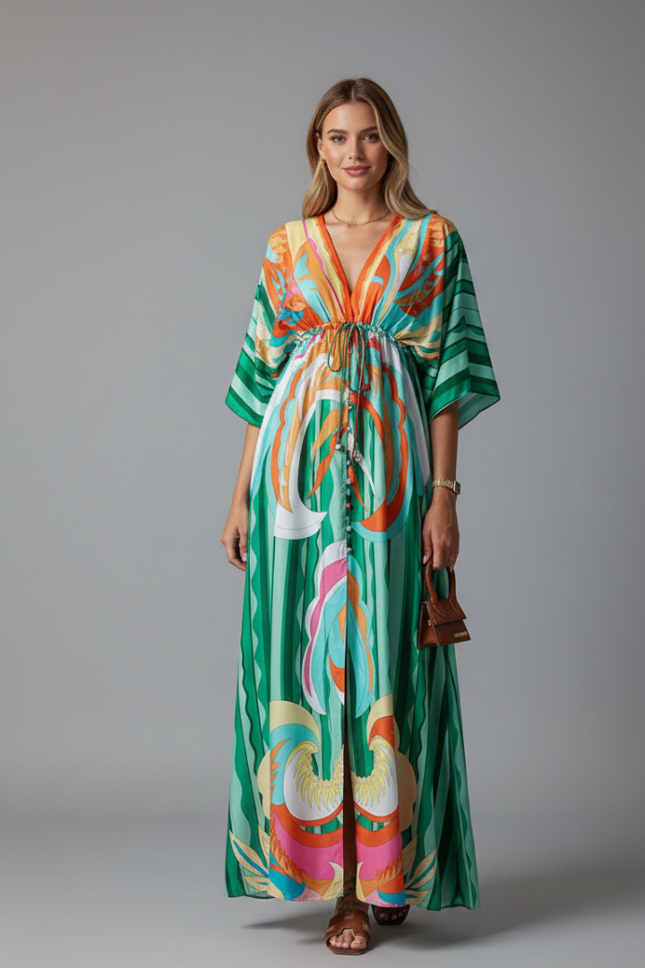 Vestido largo para mujer - maxi vestido con escote en V y mangas murciélago