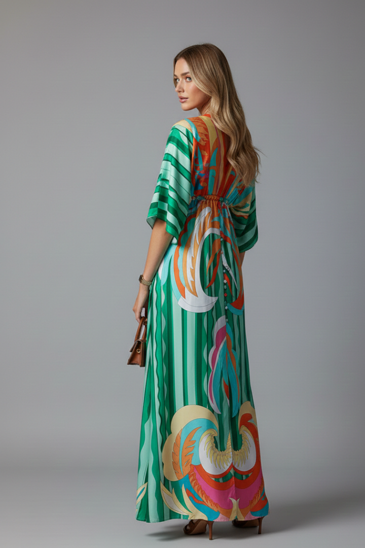 Long dress for women - maxi dress with V-neck and batwing sleeves