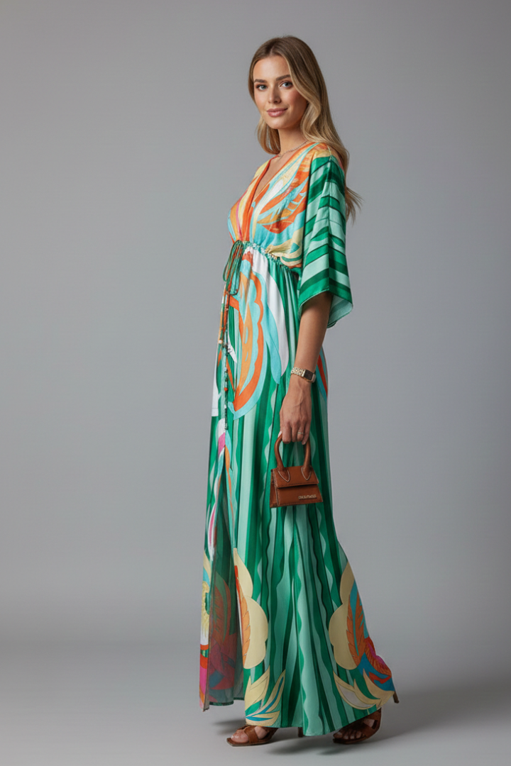 Long dress for women - maxi dress with V-neck and batwing sleeves